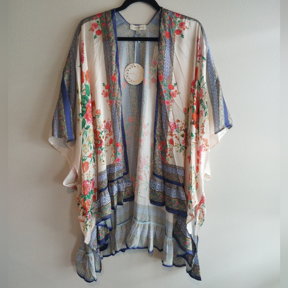Umgee Multicolor Floral Print Open Front 3/4 Sleeve Kimono Topper NWT